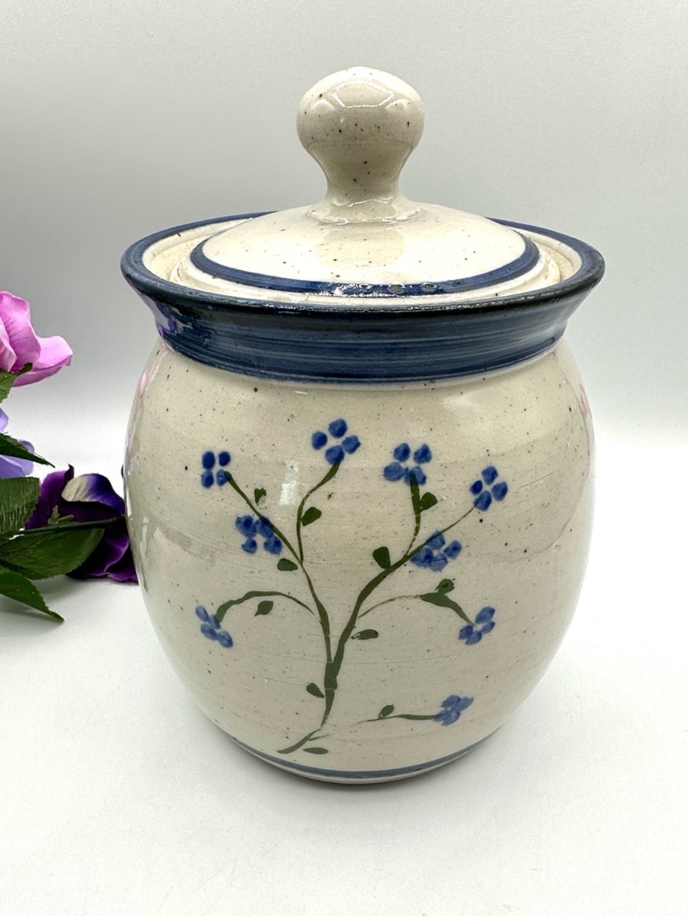Stoneware Salt Glazed Crock, Lidded. Blue Floral Cookie Canister Pottery.